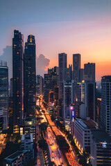 Urban Symphony: Illuminated City Skyline at Dusk with Dynamic Traffic Trails