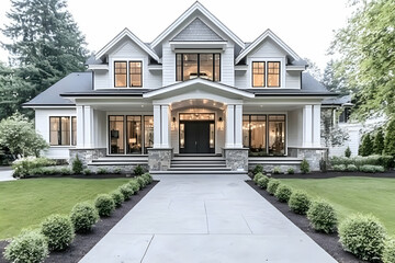 Naklejka premium Photo Modern Farmhouse Exterior Home Design Architecture Curb Appeal Landscaping Walkway