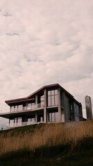 Obraz premium Photo Modern Architecture House, Design, Clouds, Grass, Hillside
