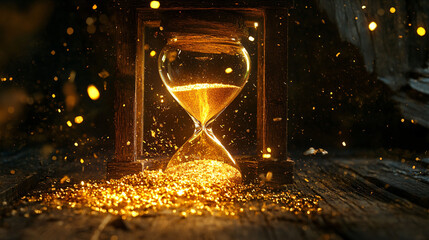 Shattered hourglass spilling golden sand glowing dramatic lighting time passage symbolism antique broken glass particles scattered reflective surface fleeting moments warm ethereal aesthetic timeless