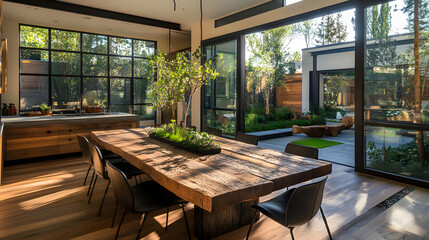 Fototapeta premium Modern Farmhouse Dining Room with Expansive Garden Views