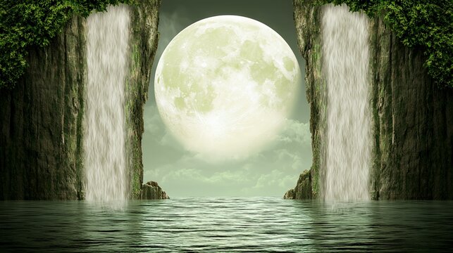 Serene Night Landscape with Waterfalls and Full Moon