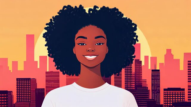 Cheerful Black Woman Reflecting Sunset Silhouette Urban Afro Natural Hair Confident Expression Modern Vector Art Digital Illustration Cityscape Golden Hour Warm Tones Inspirational
