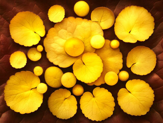 Illustration, Yellow Leaves and Spheres on Brown Background