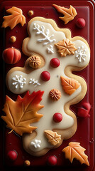 3D Illustration Autumn Leaves, Snowflakes, and Abstract Shapes on Red Background