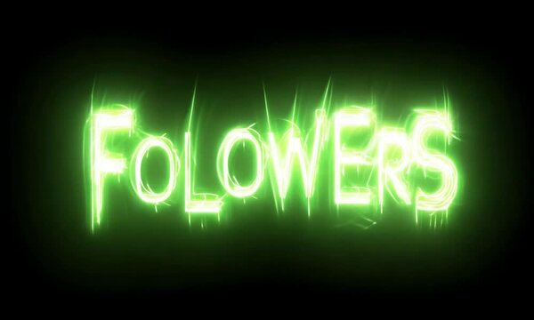 Green glowing neon text "Followers" animation on black background. 1 Million milestone achieved celebration animation.