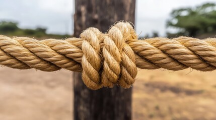 Fototapeta premium A close-up of a tight straw rope knot securing a fence post.