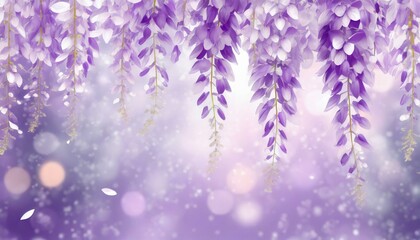 淡い紫色のキラキラ背景に、満開の藤棚の藤の花が揺れ、花びらが舞い散るイラスト