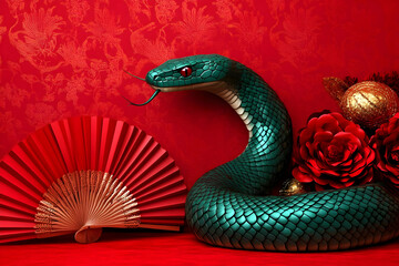 Fototapeta premium 3D Illustration Green Snake, Red Fan, Flowers, Gold Ornament, Red Background