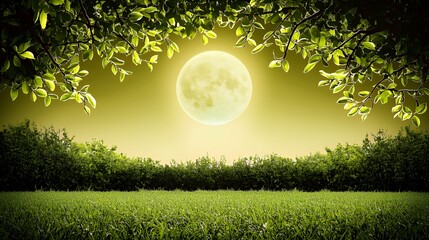 Full Moon Over Lush Green Landscape at Night