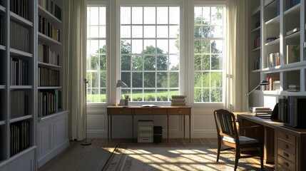 Fototapeta premium A home office space with large north-facing windows for natural light.