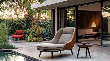 Fototapeta premium A modern poolside lounge chair with waterproof fabric seating.