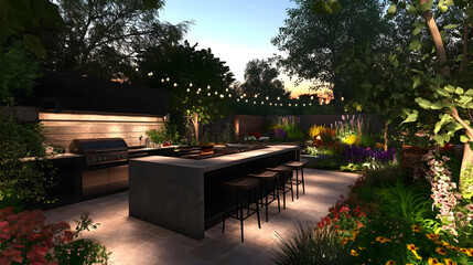Luxurious Outdoor Kitchen and Garden at Dusk