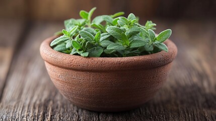 Fototapeta premium Fresh herbs in rustic bowl on wooden table