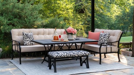 Fototapeta premium A patio dining set with comfortable, durable fabric cushions.