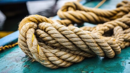 Fototapeta premium A series of thick ropes attached to a sled dragging heavy materials.