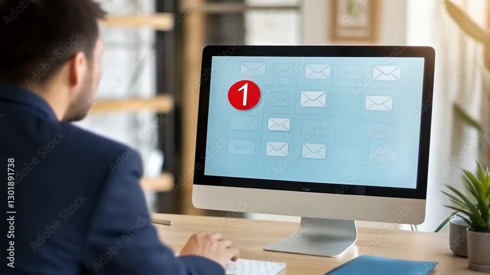 Poster professional businessperson reading email notification on desktop computer in modern office workspac