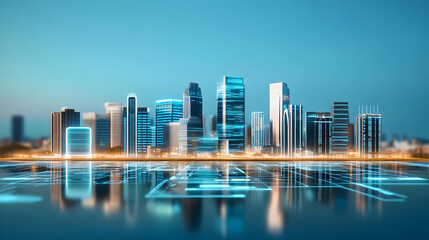 Fototapeta premium Illustration of City Skyline at Night with Futuristic Technology Overlay