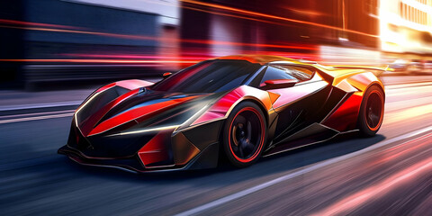 Obraz premium Illustration of Futuristic Sports Car Speeding Through City Streets at Sunset