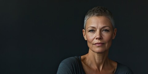 Obraz premium Confident Middle-Aged Woman with Short Hair Against a Dark Background