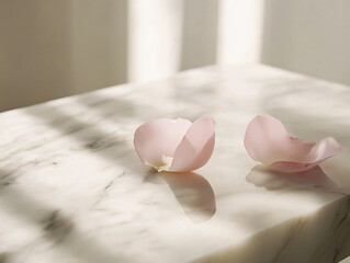 Delicate flower petal resting marble surface soft texture vibrant color gentle curve botanical elegance natural beauty detailed closeup artistic composition serene minimalist aesthetic pink red yellow