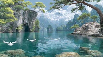 Serene Teal Lake Surrounded by Lush Green Mountains and Birds