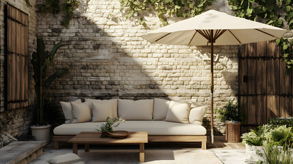 Serene Courtyard Oasis Relaxing Outdoor Patio with Wooden Sofa and Parasol