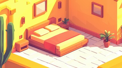 Cozy Bedroom Interior, Sunny Adobe Style