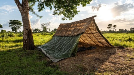 Straw rope securing a makeshift tent cover in an open field.