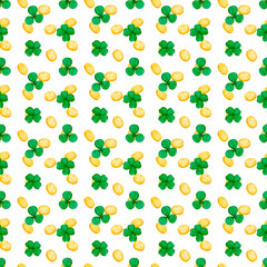 A Bright Pattern of Green Clovers and Sparkling Gold Coins, Ideal for Celebrations