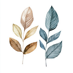 Fototapeta premium Elegant watercolor leaves in earthy tones and cool blues, showcasing nature beauty and diversity. Perfect for botanical themes and decor