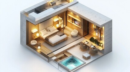 Modern Hotel Room, Rooftop Spa, Isometric View