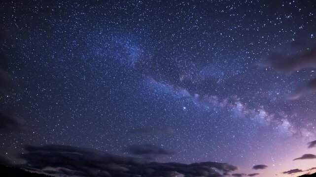 Starry night sky with visible milky way and scattered clouds, astronomy exploration