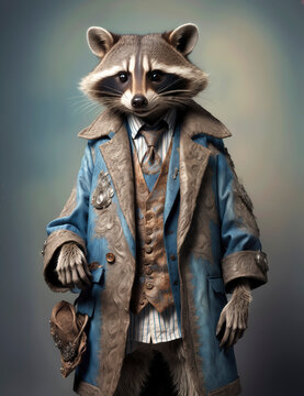 Antropomorfismo, mapache, retrato, arte, hombre mapache elegante, fantasia