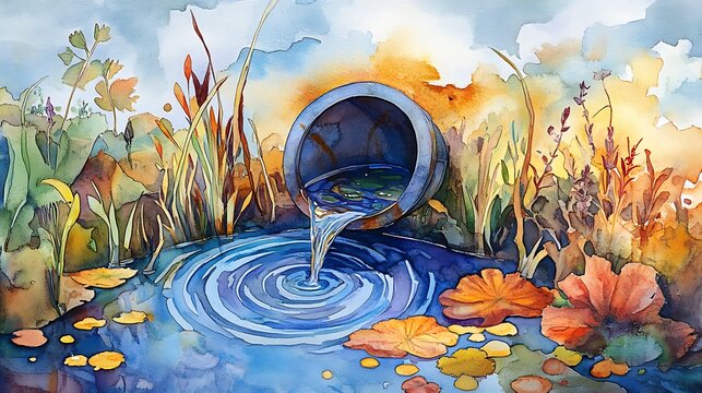 Watercolor Painting: Autumnal Pond and Drainage Pipe AI Generated