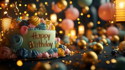 A festive birthday cake with glossy, hand-floating lanterns, golden confetti, and an elegantly crafted "Happy Birthday" message in cursive lights.