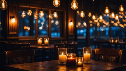 Cozy dining atmosphere, featuring a dark wooden tabletop in the foreground and warm