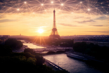 Fototapeta premium Photo - Sunrise Over Cityscape with Network Overlay