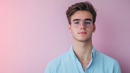 Obraz premium Stylish Young Man with Glasses Against a Soft Pink Background