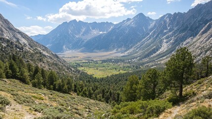 Fototapeta premium Panoramic view of a valley nestled between majestic mountains, lush greenery, and a clear blue sky.