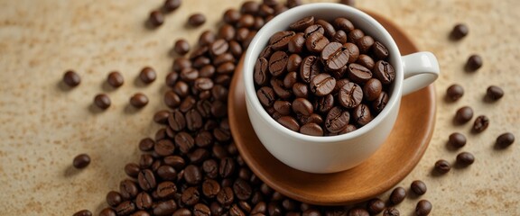 Fototapeta premium Elegant coffee-themed flat lay, featuring rich brown coffee beans on a bright background