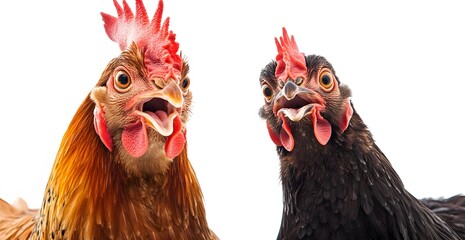 Two Chickens Open Mouths Showing Feathers