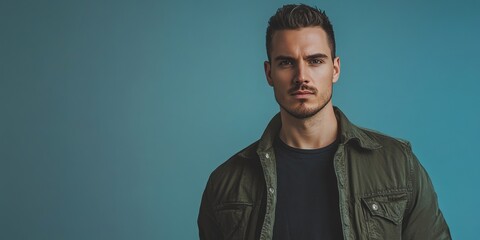 Obraz premium Confident Young Man in Casual Attire Posing Against a Blue Background