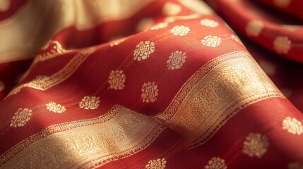 Red Saree Fabric With Gold Detailed Design