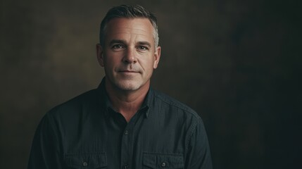 Obraz premium Confident Middle-Aged Man in Casual Attire Against a Dark Background