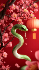 Fototapeta premium 3D Illustration Green Snake, Pink Flowers, Red Lantern