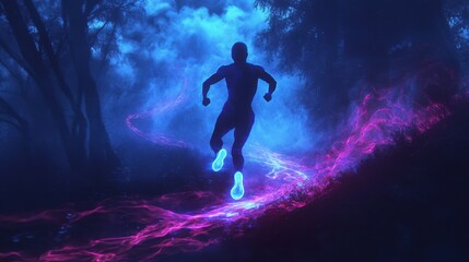 A bioluminescent forest stretching infinitely, swirling neon fog around a futuristic athlete running at top speed, their glowing footprints fading behind them in a hypnotic visual effect