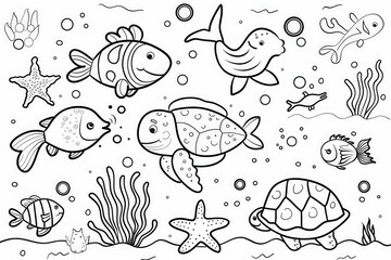 Underwater scene featuring various fish, turtles, and sea creatures in a playful ocean setting