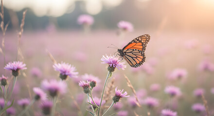 Naklejka premium Beautiful monarch butterfly on purple flowers in soft sunlight meadow art on transparent background