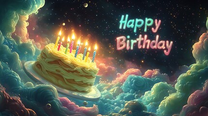 A surreal birthday cake levitating in a cosmic emit a glowing light, and "Happy Birthday" appears in an intergalactic nebula of vibrant colors.